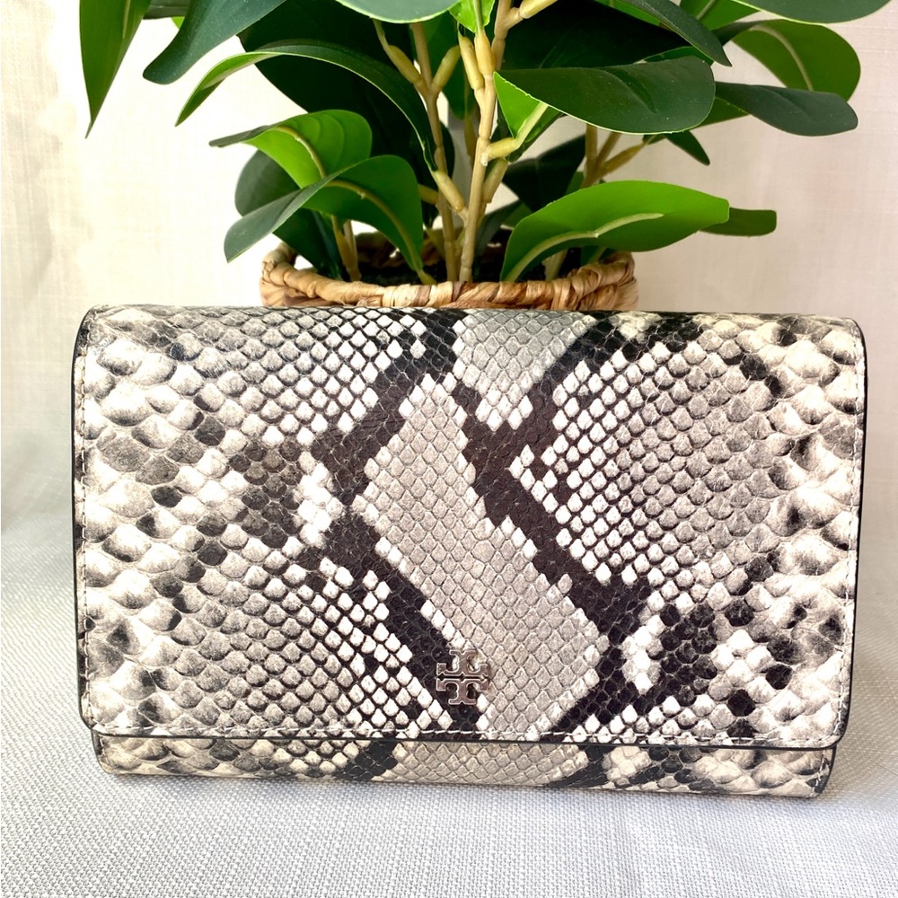 Tory Burch Snakeskin Embossed Clutch Silver Chain Shoulder Crossbody Bag